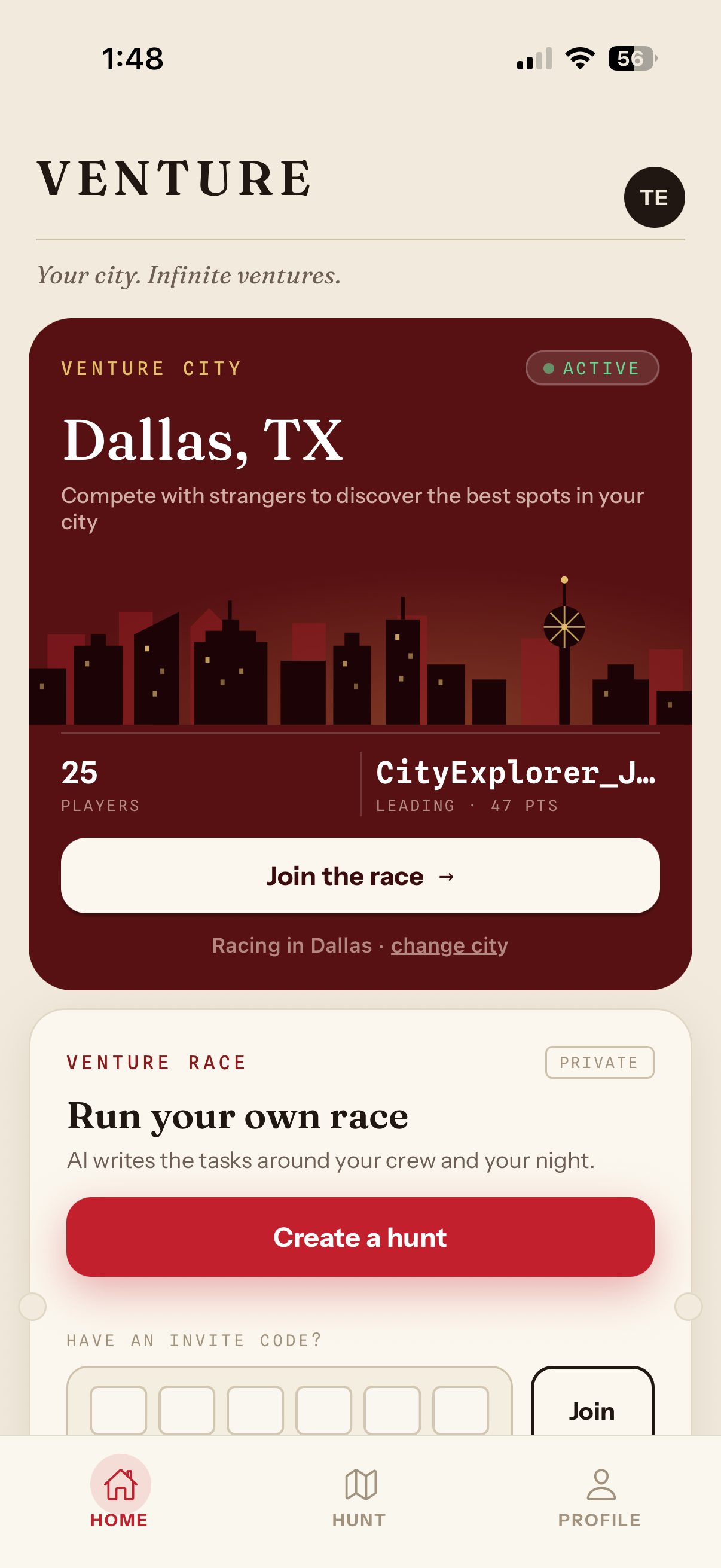 Venture home screen: the Dallas Venture City card with live player count, and the Venture Race create card