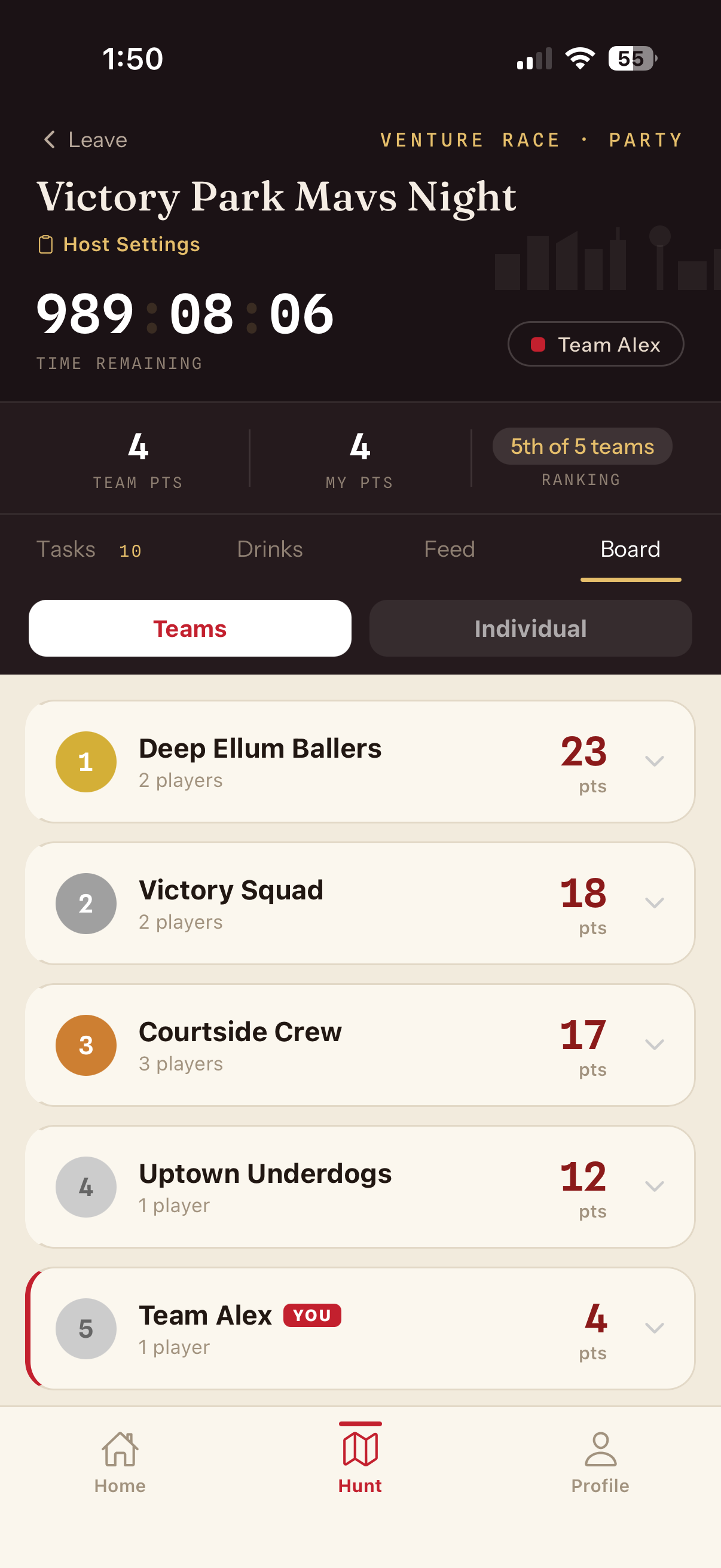 The live team leaderboard mid-hunt, five teams ranked by points