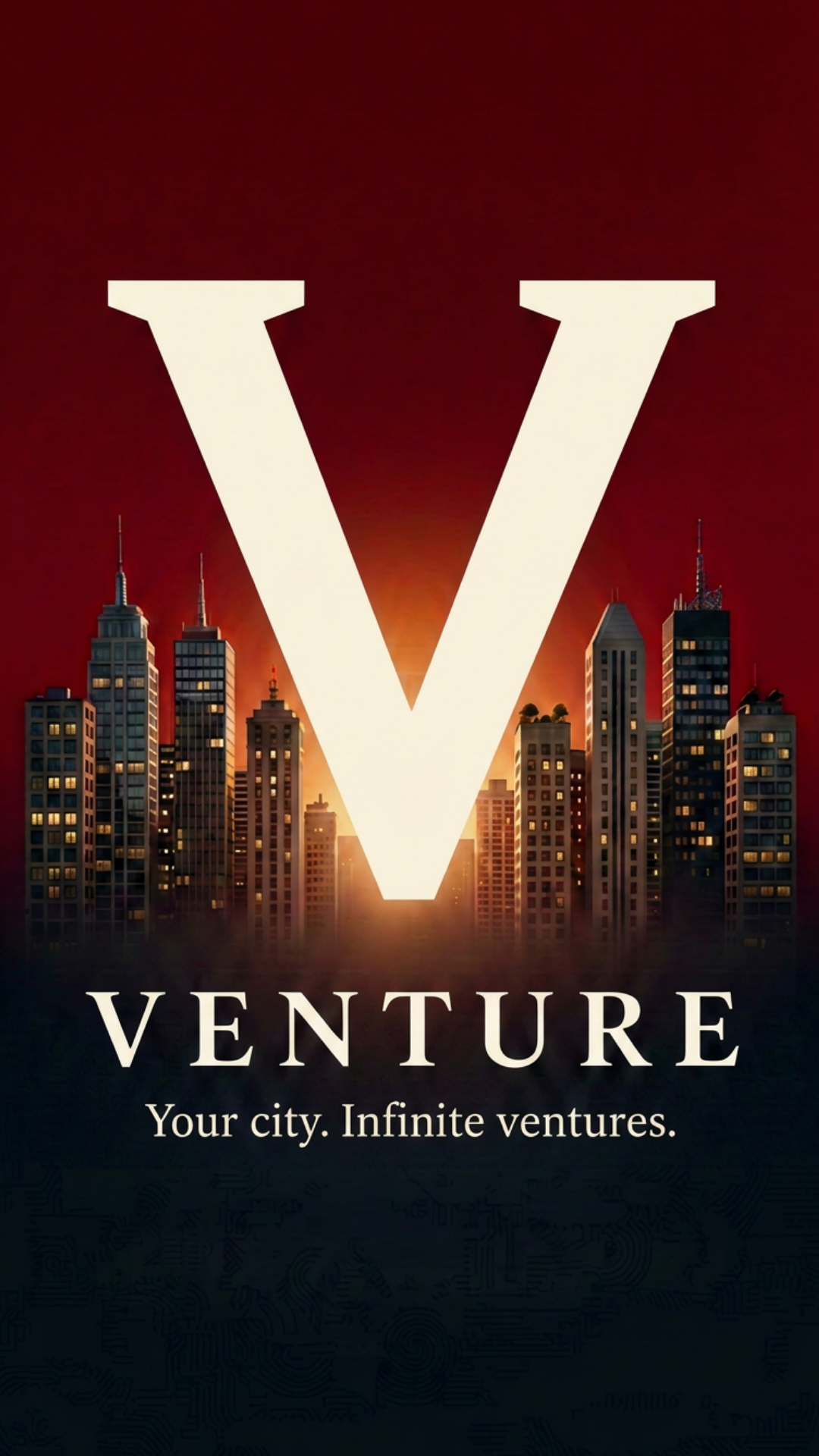 Venture splash art: a white V rising over a lit city skyline at dusk